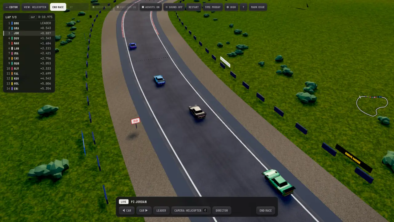 Race Day in drive mode: a pack of cars through a corner on a player's circuit