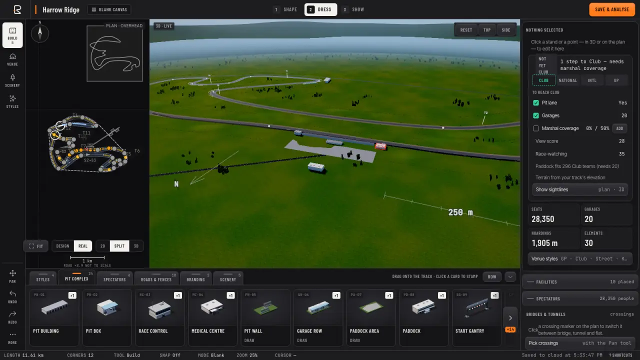The Studio editor's Dress stage: a circuit with its venue in the 3D view beside the asset tray