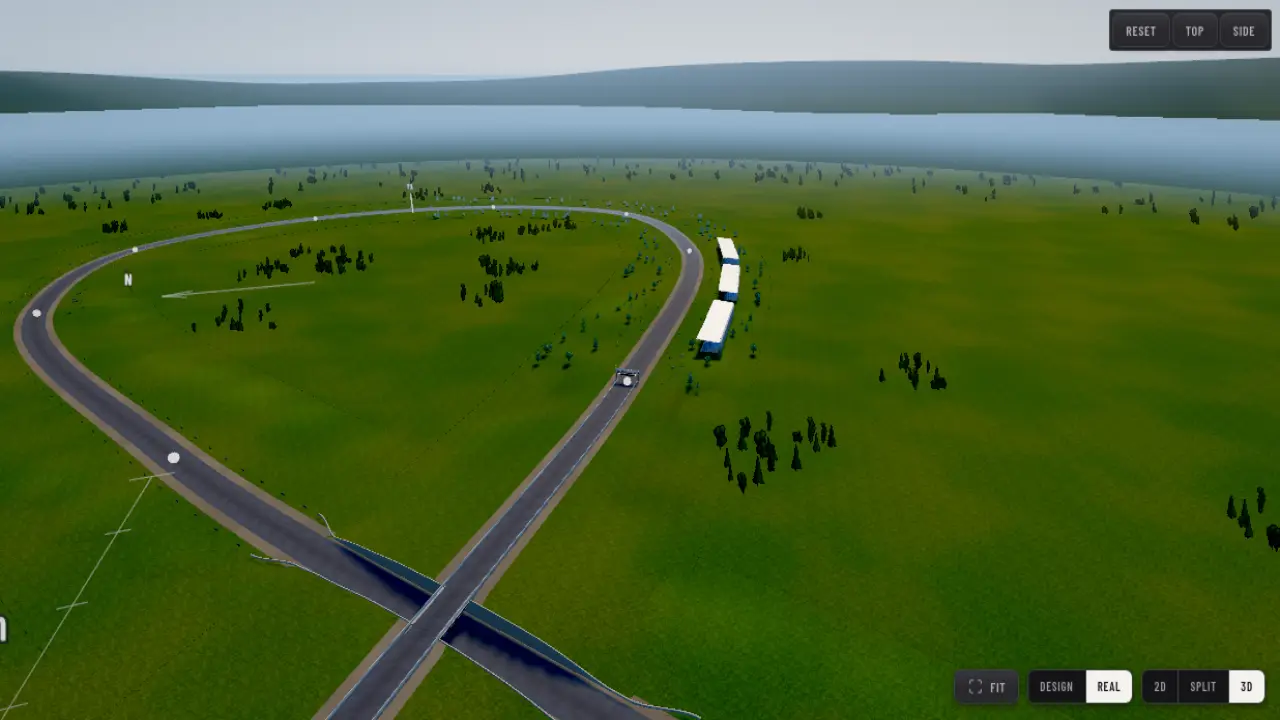 A venue in the editor's Realistic 3D view: grandstands along the straight and a bridge where the circuit crosses itself